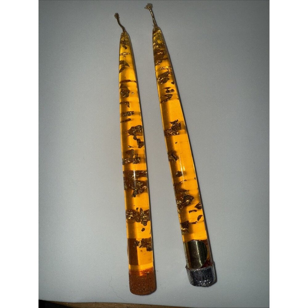 2 Vintage MCM Lucite Acrylic 8” Clear Taper Candles Gold Flecks Candlesticks